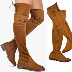 Nature Breeze Tan Vegan Suede Side Zipper Boho Thigh High Boots SZ 8